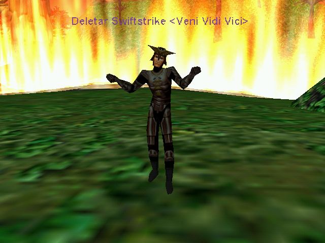 Deletar Swiftstrike, a Wood Elf rogue in Woven Shadow armour, levitating in the Plane of Fear in November 2000